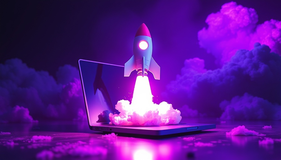 AI for marketing agencies depicted as a rocket launching from laptop.