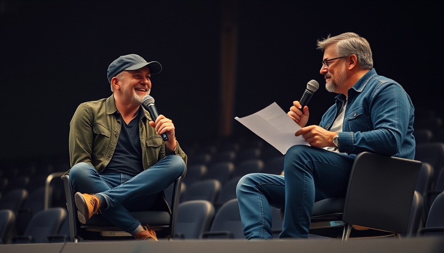 Casual modern event with two men discussing AI strategies on stage.