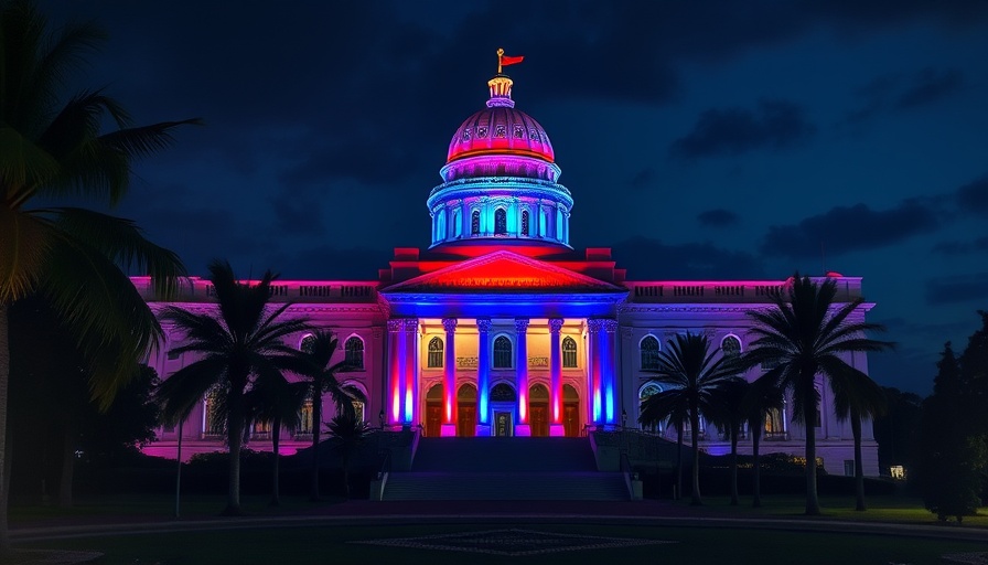 San Diego County building illuminated for Independence Day.