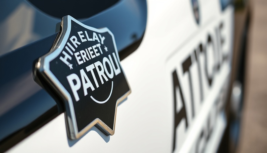 Highway patrol car emblem related to Bakersfield hit-and-run incident.