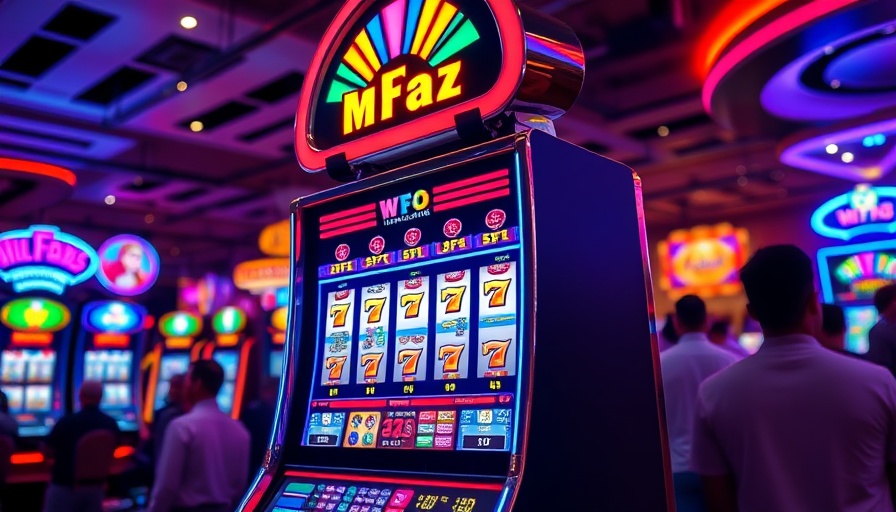 Slot machine with jackpot display and colorful casino lights.