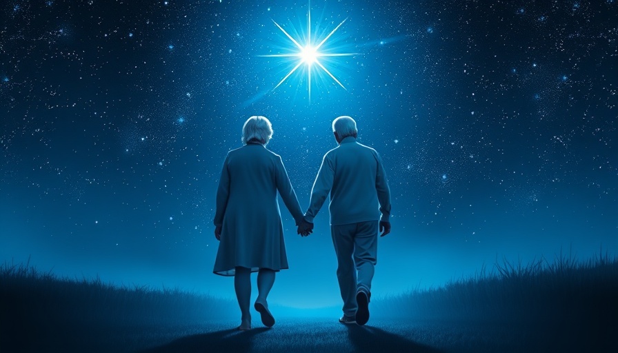 Elderly couple holding hands under a starry sky, symbolizing caregiving for aging parents.