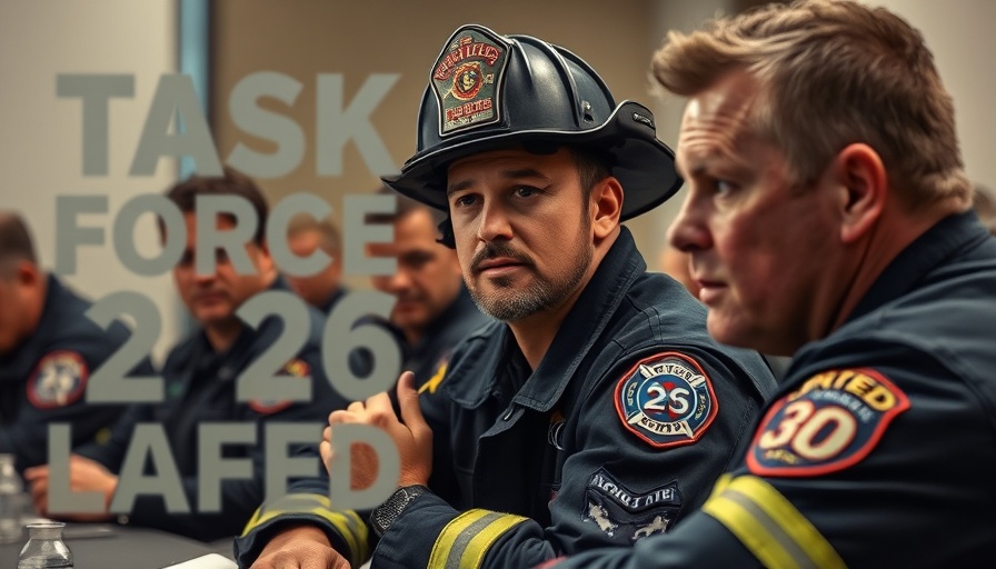 Firefighters in discussion at LAFD Task Force 26 firehouse.