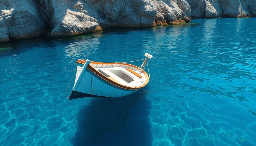 Submerged boat near rocky cliffs casting reflections on blue water.