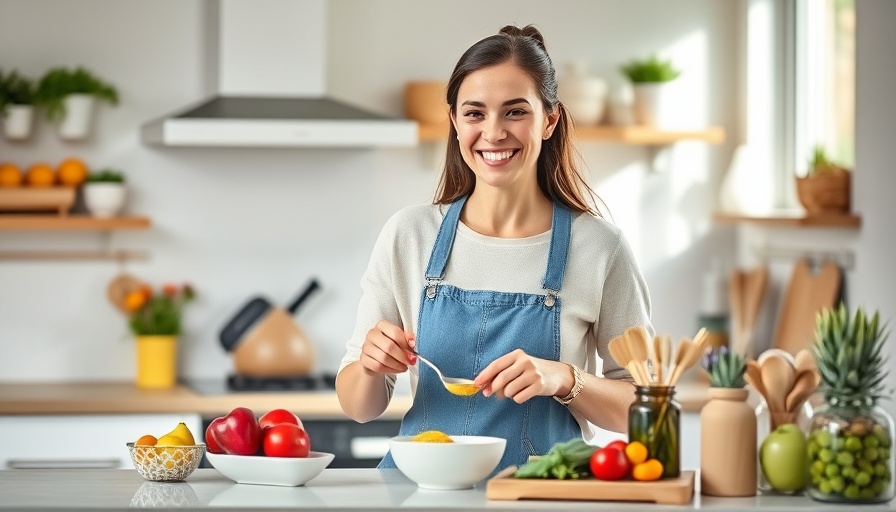 Smiling woman preparing nutritious breakfast in a modern kitchen, San Jose fitness tips.