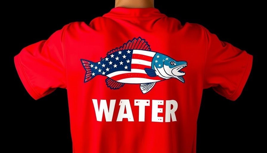 Fishing for the Mission 22 red sports shirt with American flag fish design.