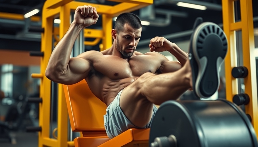 Muscular man on leg press machine in gym for quad and glute mass.
