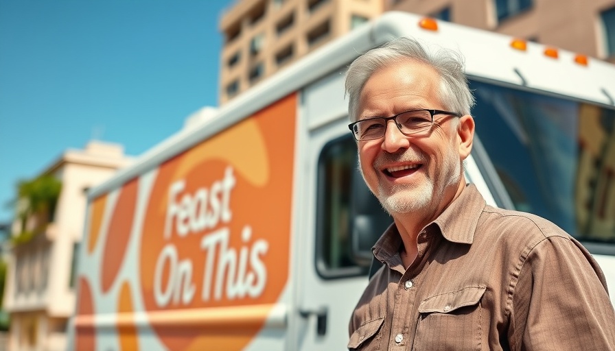 Man stands smiling next to 'Feast On This' delivery truck.