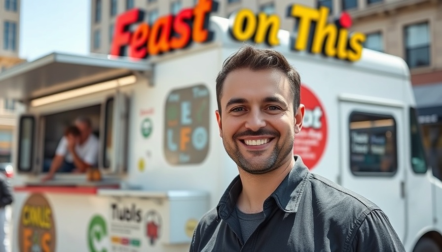 Smiling man by a food truck with colorful logo, Disability Pride Month San Diego.
