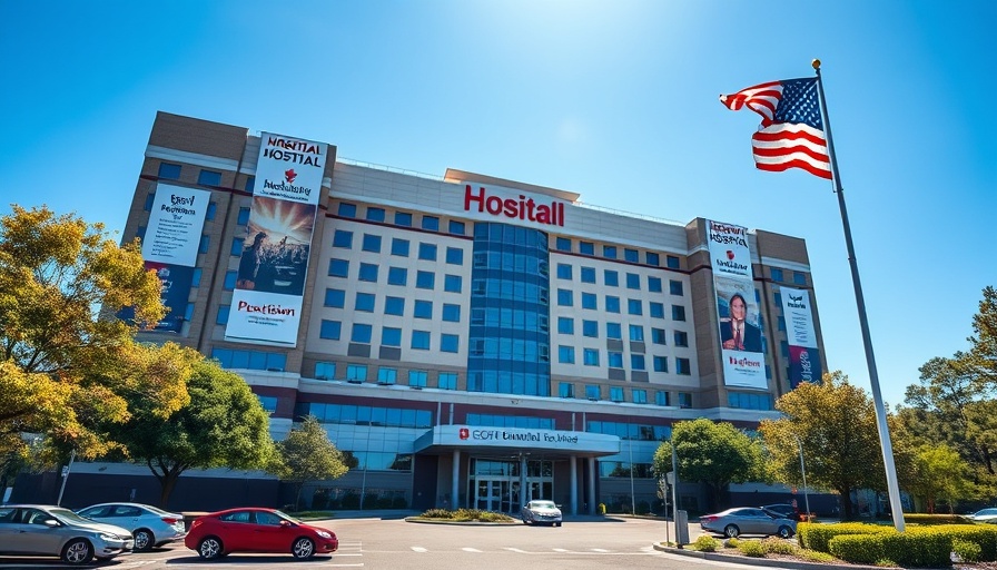 Urban hospital building with values banners and flag, healthcare retaliation lawsuit.