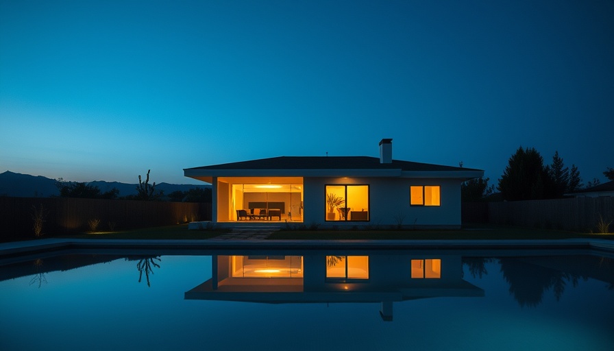 Modern single-story home glowing at twilight near a pool reflecting calm ambiance.