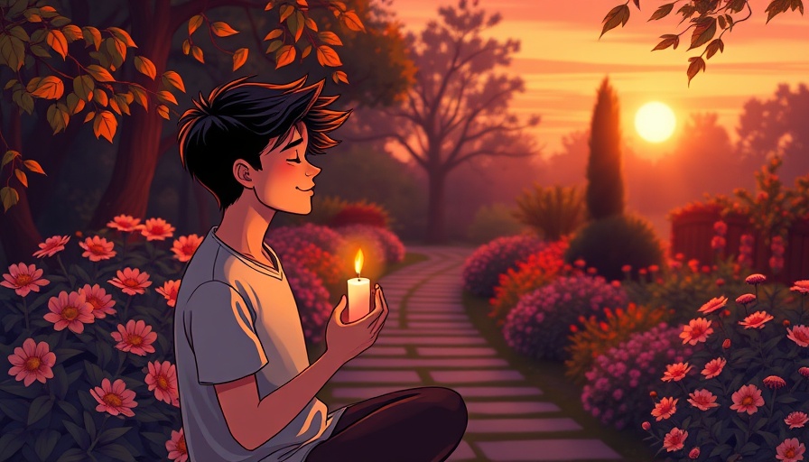 Peaceful young man meditating with a candle at sunset, illustrating health and wellness rituals.