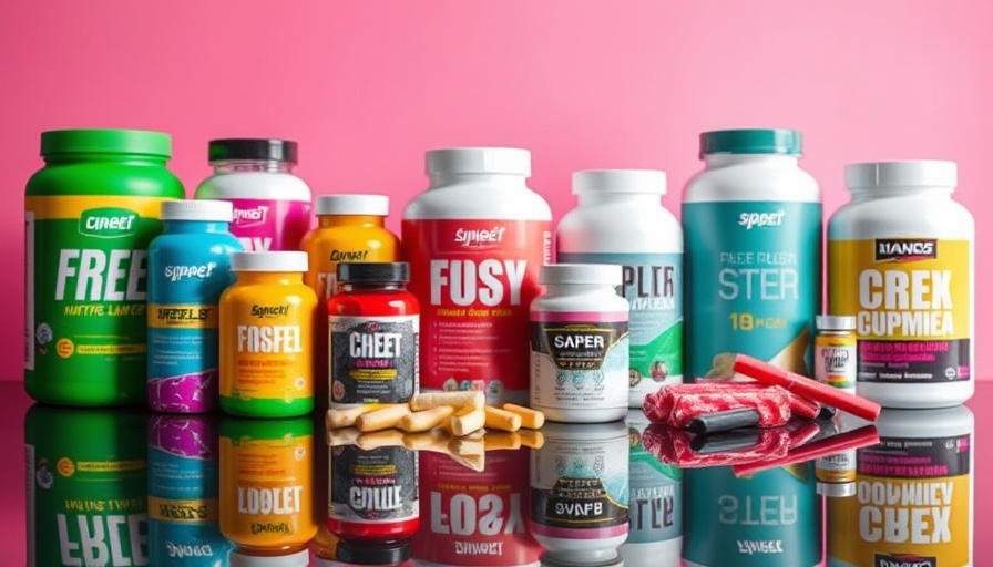 Colorful fitness supplements on reflective surface, Best Products for Energy and Recovery.