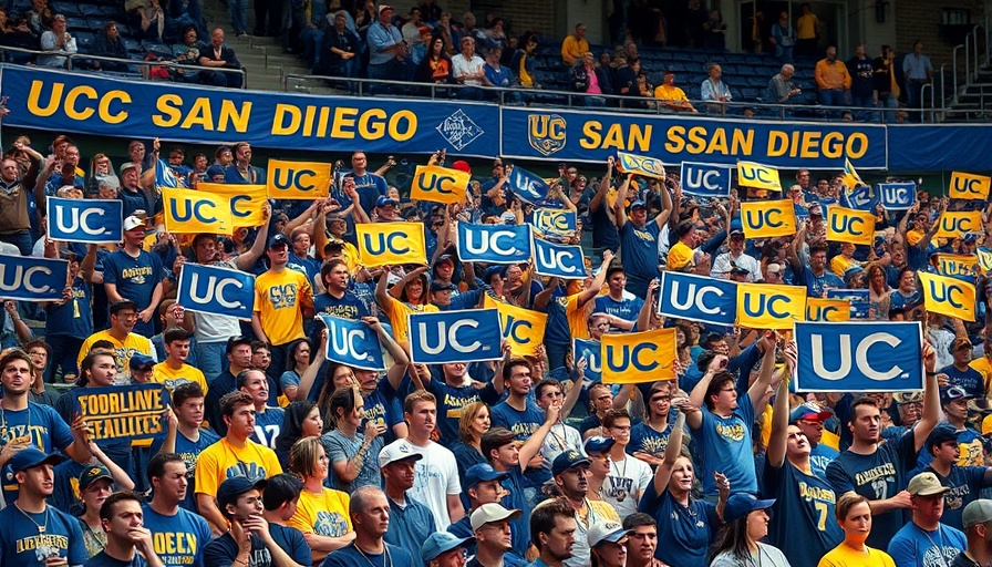 UC San Diego fans at a sports event, celebrating enthusiastically.