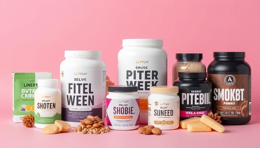 Assortment of fitness products for energy and recovery on a pink backdrop.