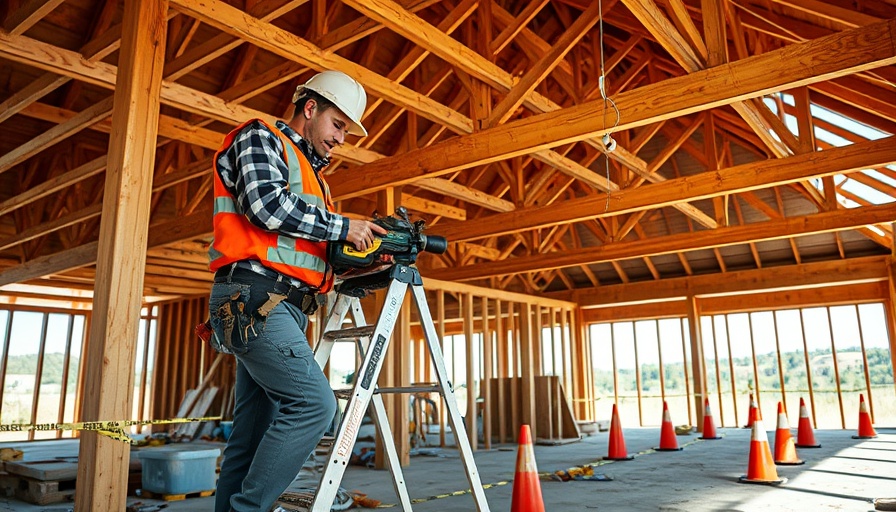 Construction worker on ladder at California building site showcasing building codes and climate progress.