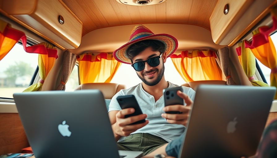 Young man in a van using a smartphone for smart home security devices for van life.
