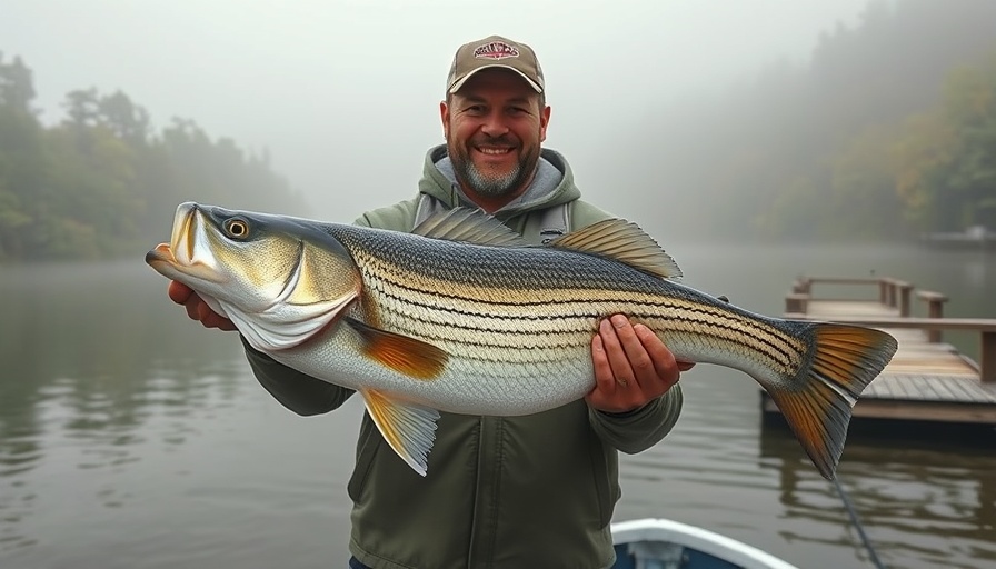 Fishing in July in Maine: Man with striped bass on misty river.
