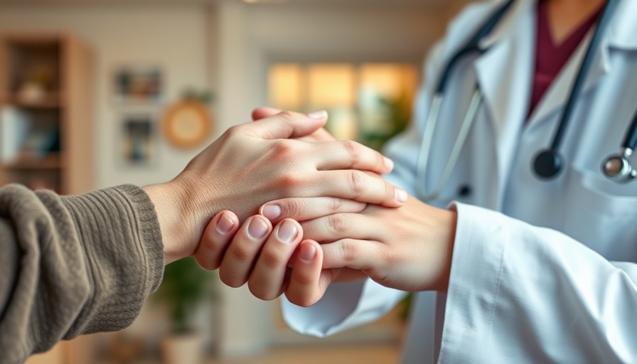 Physician supporting elderly hand in a caring gesture, falls prevention tips.