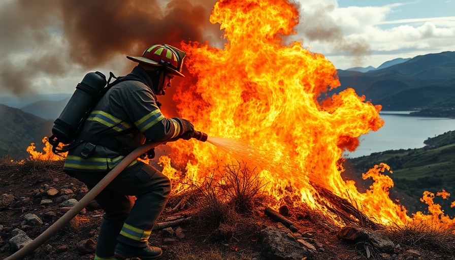 Firefighter combats flames during Lake fire evacuation in San Bernardino County.