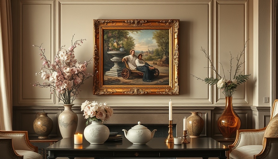 Interior decor with framed painting, vases, and candles
