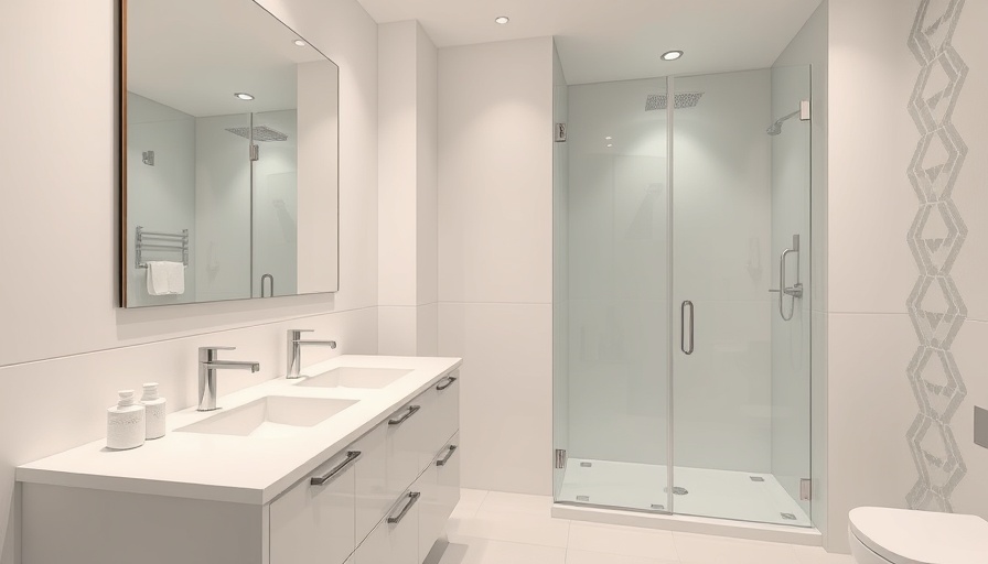 Modern bathroom with dual sinks, glass shower in a bright setting.
