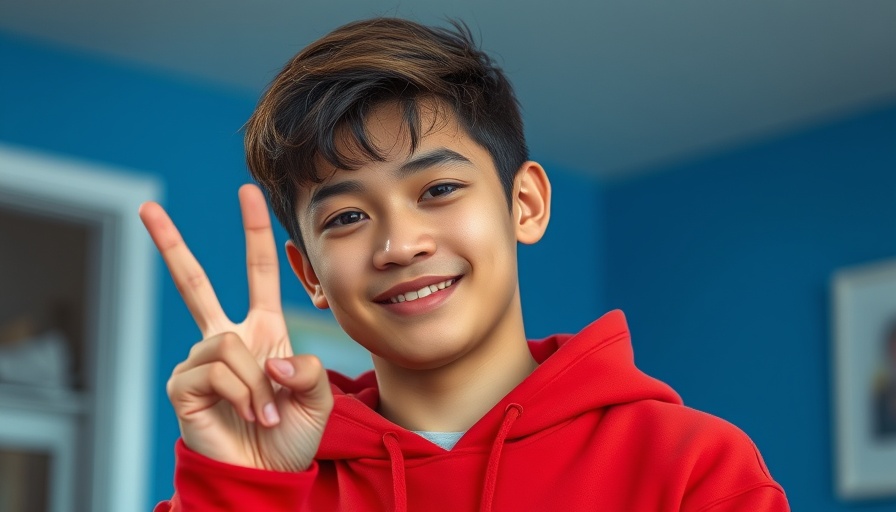 Youth in red hoodie smiling and making peace sign.