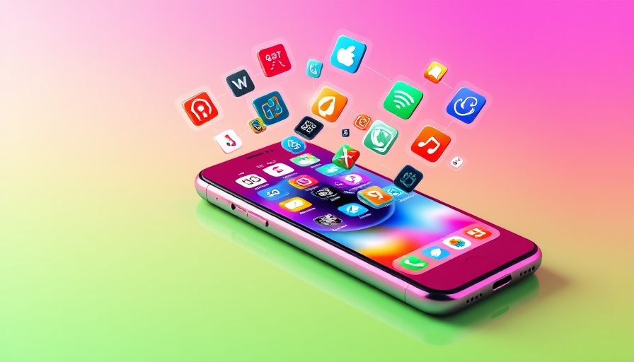 Smart home apps management concept with 3D phone and app icons.