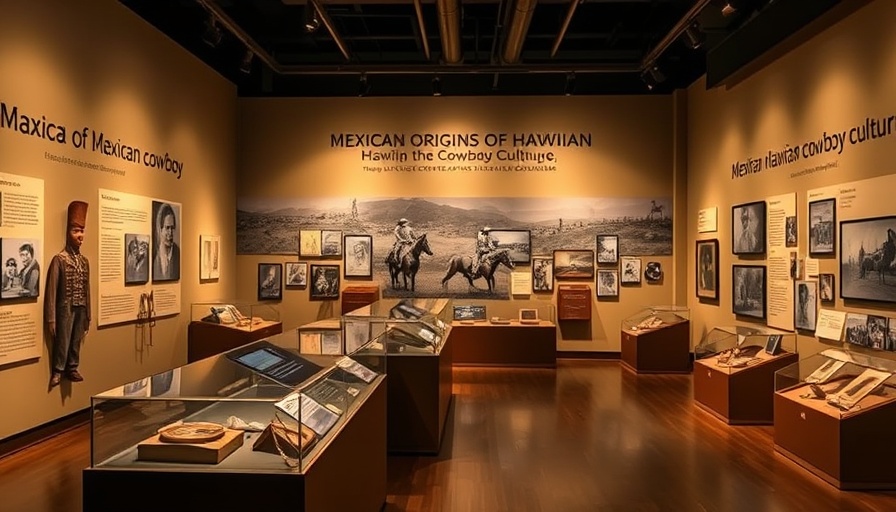 Exhibit on Mexican origins of Hawaiian cowboy culture with saddles and photos.