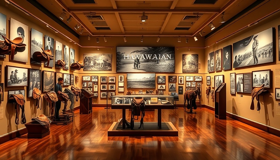 Museum exhibit on Mexican origins of Hawaiian cowboy culture with saddles.