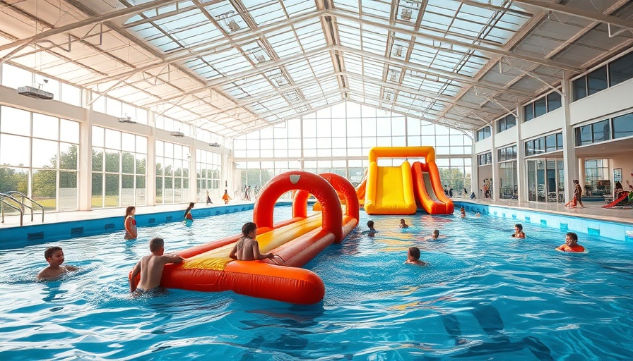 Belmont Park pool with inflatable course and children playing indoors.