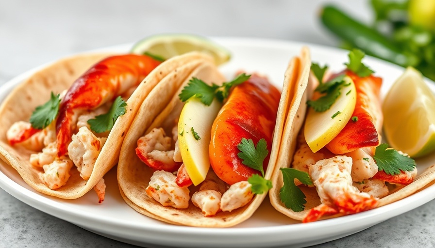 Close-up of healthy lobster tacos with apples and cilantro.