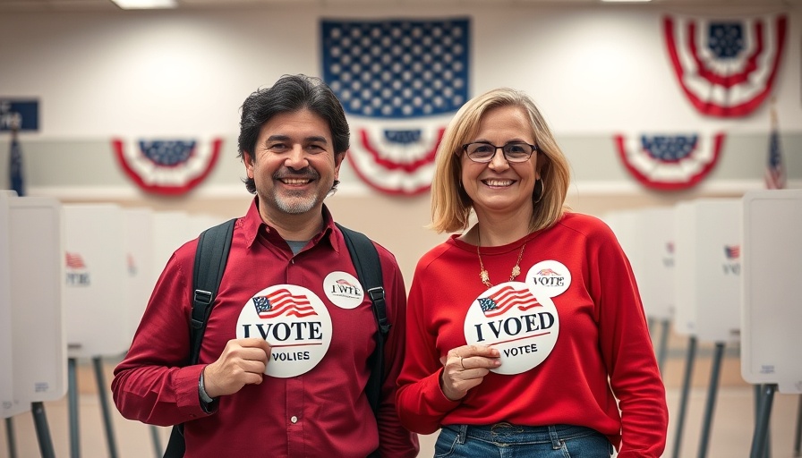 Election volunteers in San Diego voting booth with 'I Voted' stickers.
