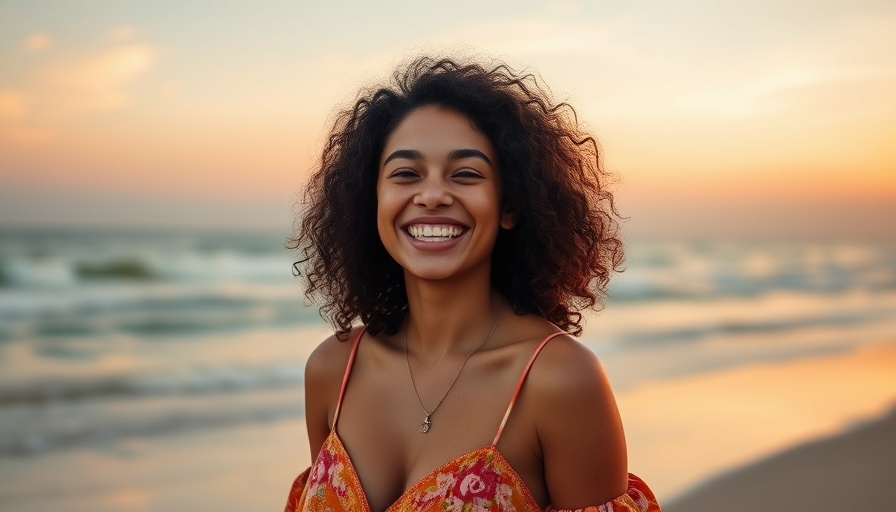 Joyful young woman embracing healthy living at sunset beach.