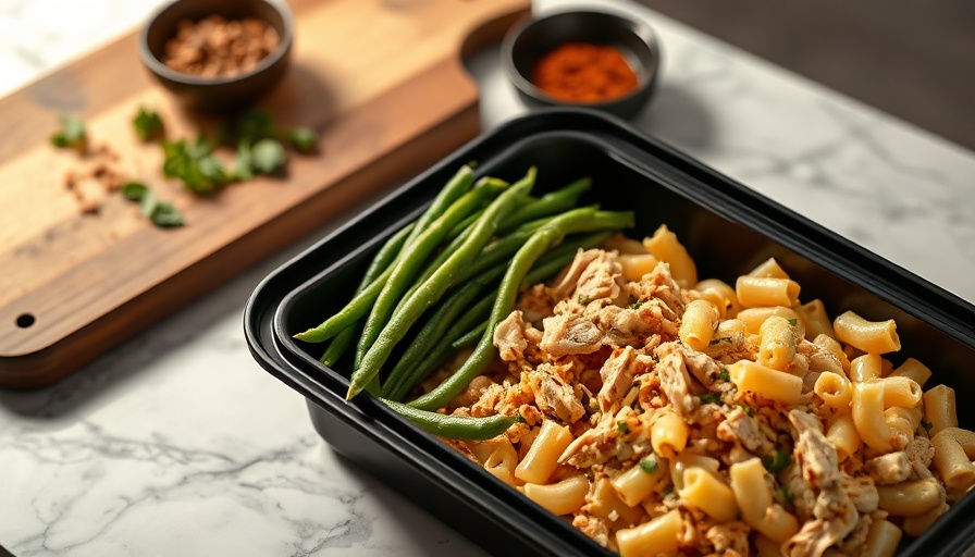 Store-bought meal nutritional value displayed in tray with utensils.