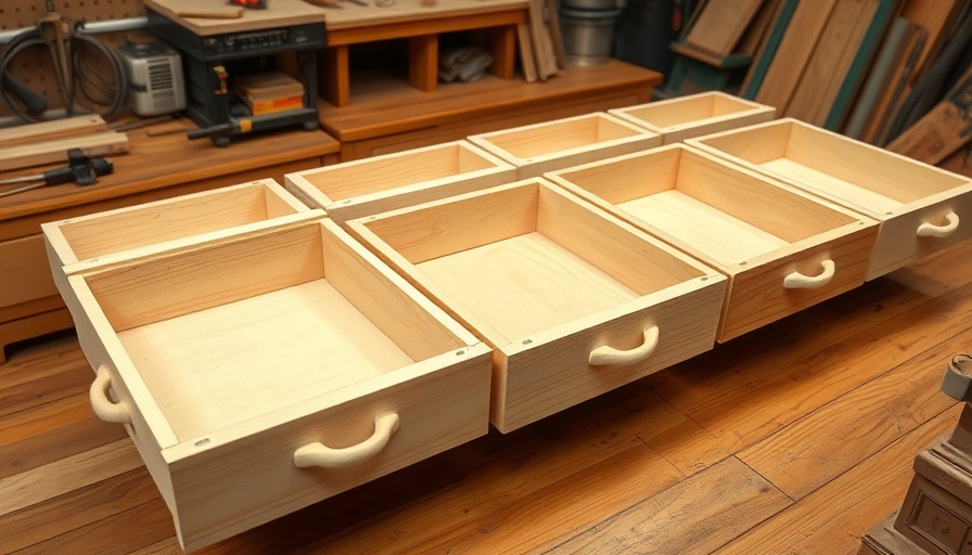 Unfinished island drawer fronts and doors on a wooden floor.