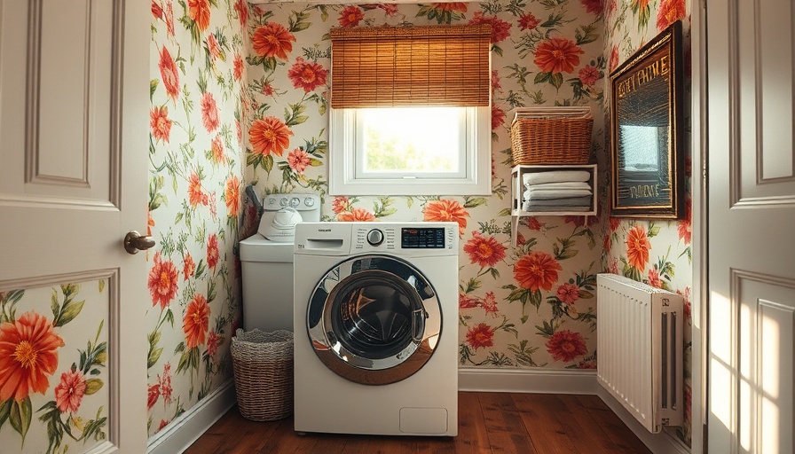 Bright floral wallpapered laundry room showcasing design challenges.
