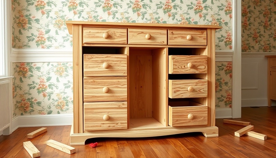 Closet island project in progress with unfinished wooden drawers.