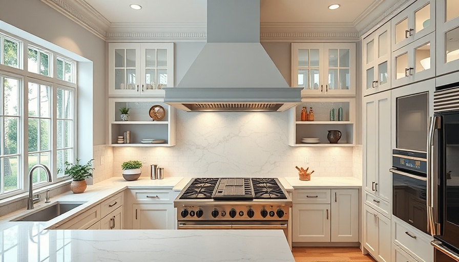 Modern kitchen with integrated range hood and marble countertops.