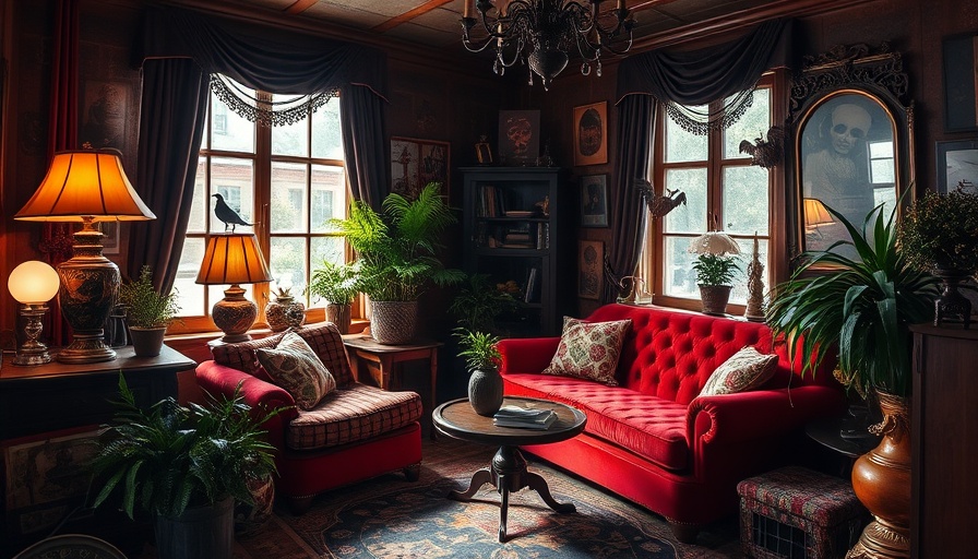Vintage living room decorated for Summerween Collection Bath & Body Works, with rich decor and plush furniture.