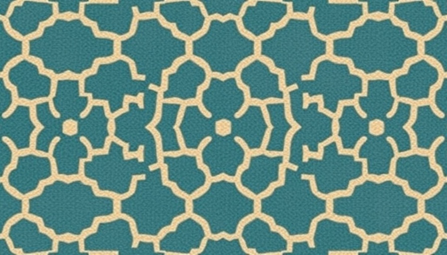 Mid-century geometric rug design in teal and beige tones.