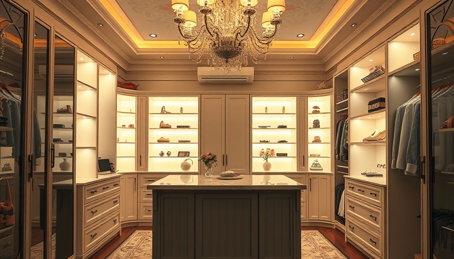 Elegant closet island design with chic chandelier lighting.
