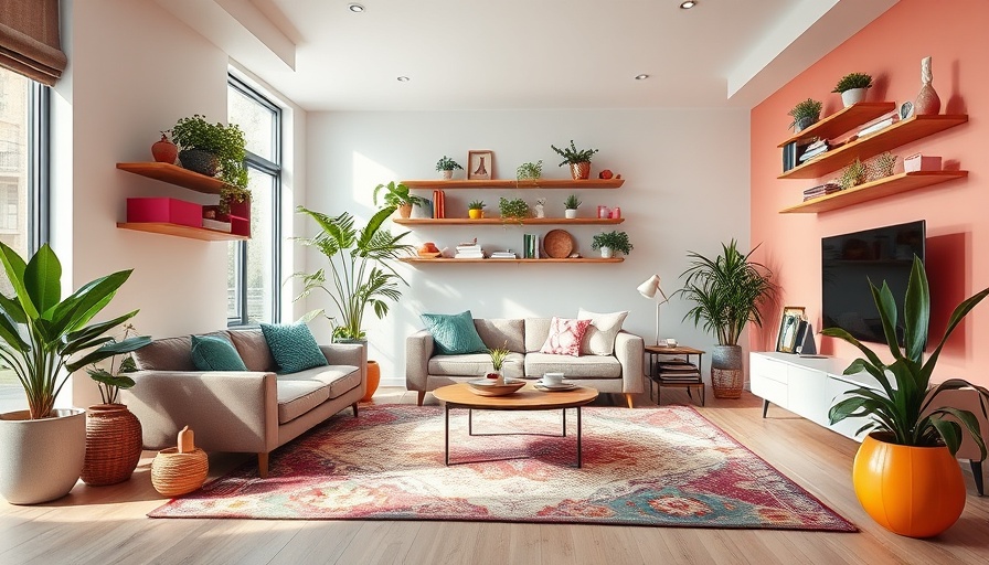 Colorful living room with stylish and adorable storage solutions.