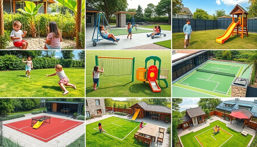 Collage of inviting family outdoor spaces with playgrounds and sports areas.