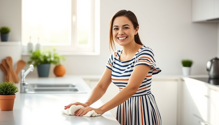 Woman cleaning kitchen counter with DIY natural cleaning products, bright setting.