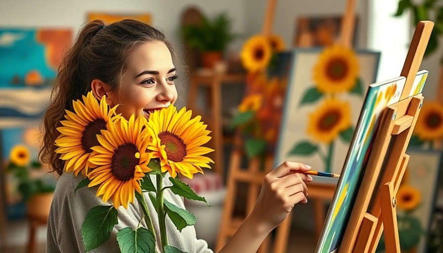 Woman painting sunflowers, smiling in a cozy room, highlighting art and aging health benefits.