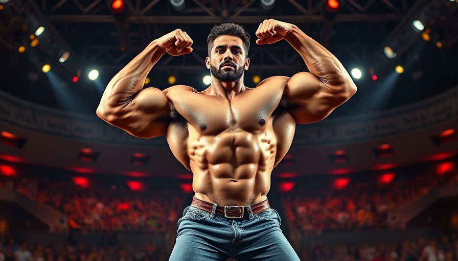 Bodybuilder in competition and speaking casually, highlighting contrast.