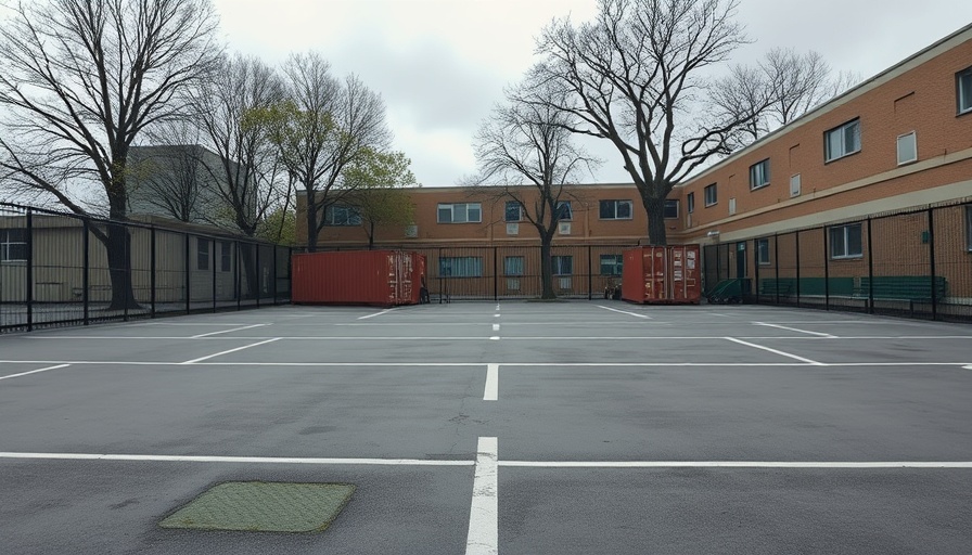 Empty schoolyard with fenced shipping containers under cloudy sky.