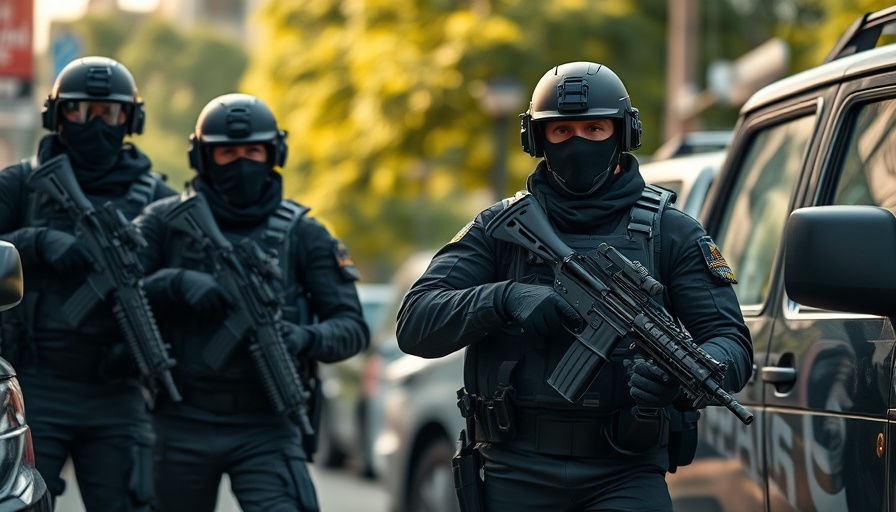 Masked agents stand alert by vehicles, ICE agents context.