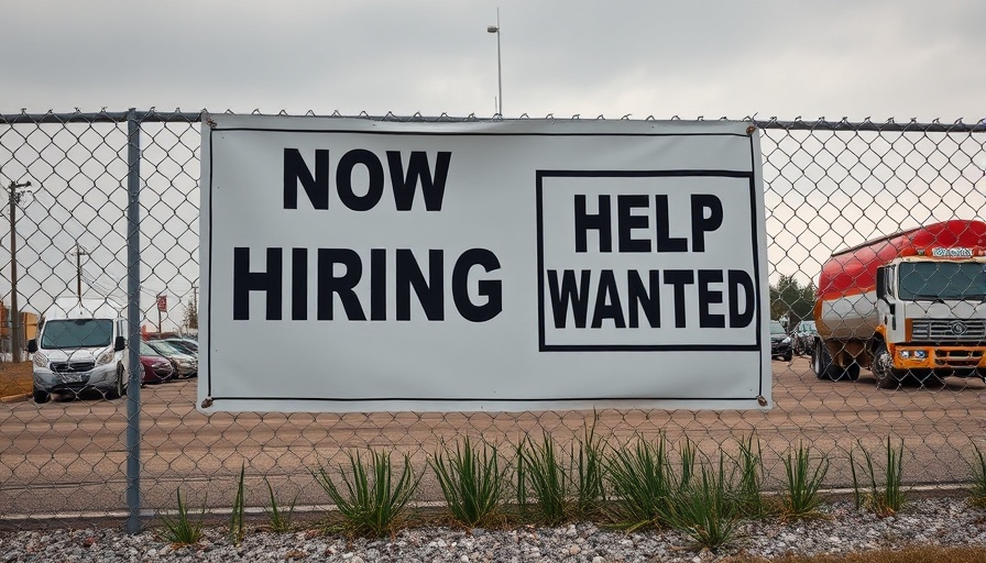 Now Hiring sign on chain fence, symbolizing job openings as US jobless aid applications fall.